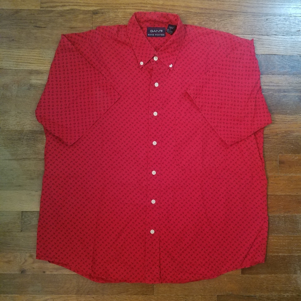 Mens 90s Nautical Anchor Micro Print Button Down Sz Large Half Sleeve Summer